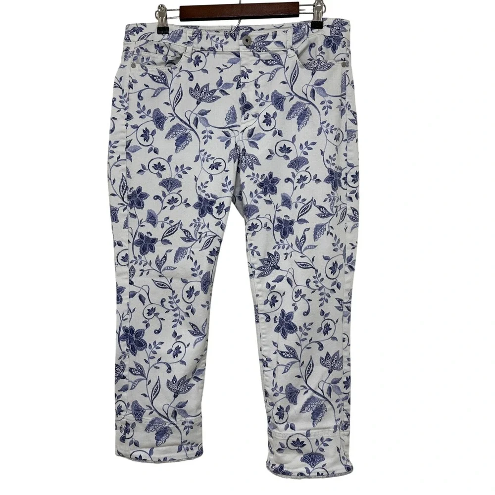 J. Jill Authentic Fit Cropped Jeans Women 12 White Blue Floral Toile Raw Hem - Picture 2 of 9